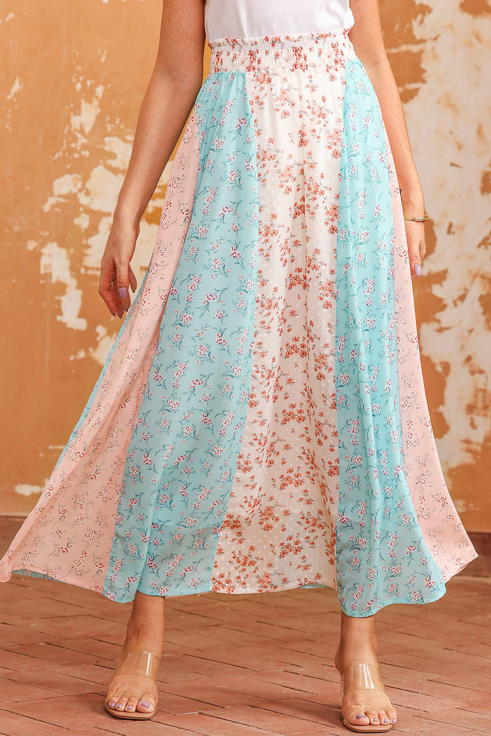 Floral Color Block Smocked Waist Maxi Skirt - AllIn Computer