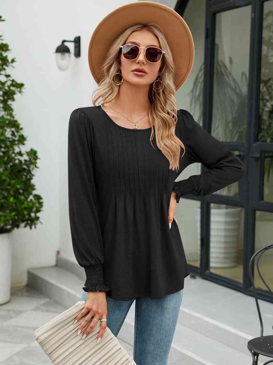 Smocked Round Neck Lantern Sleeve Blouse - AllIn Computer