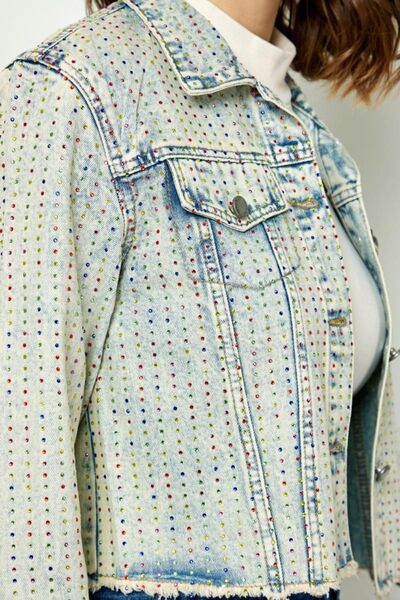 Veveret Multi Color Stripe Rhinestone Raw Hem Denim Jacket - AllIn Computer