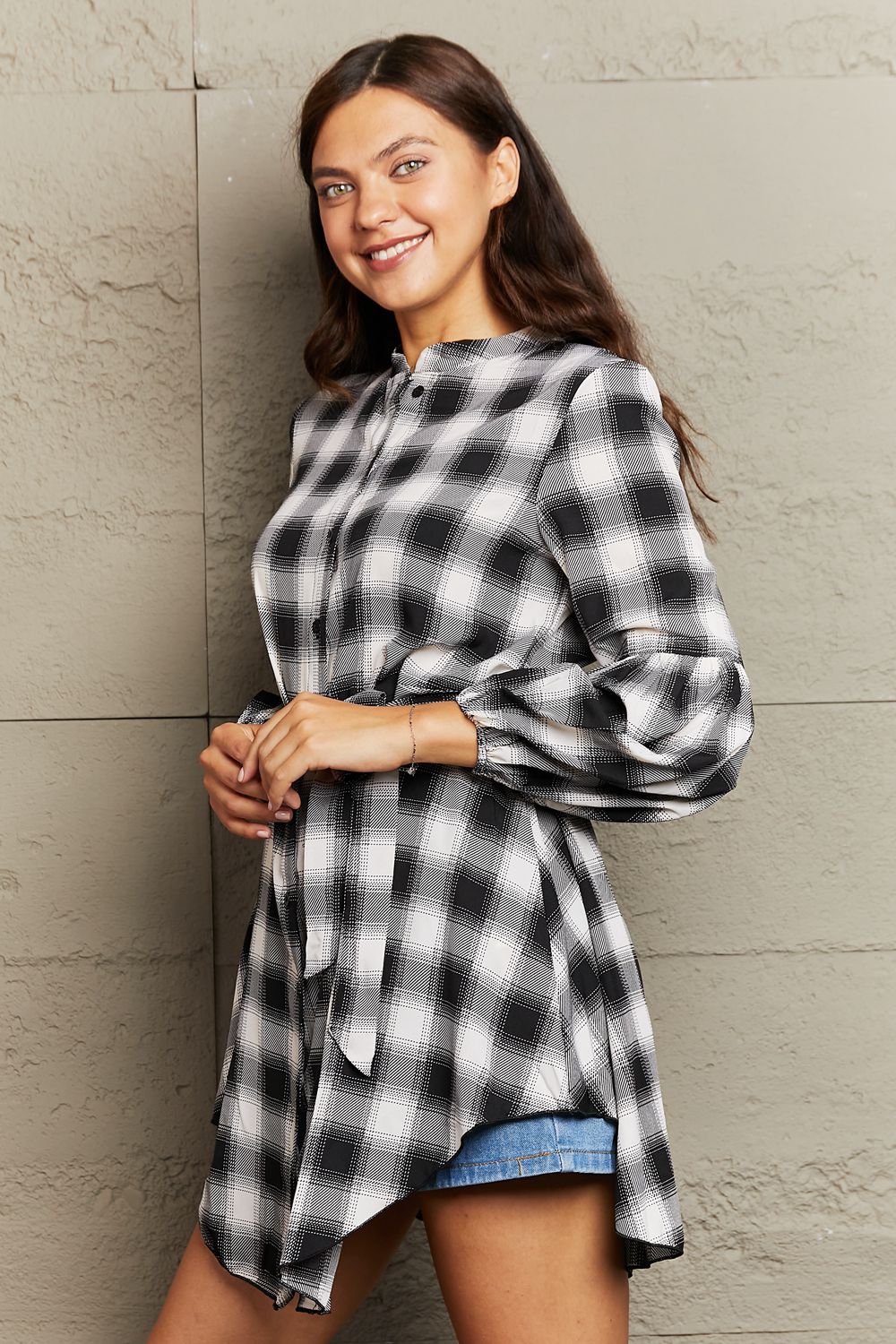 Plaid Tie Waist Lantern Sleeve Mini Dress - AllIn Computer