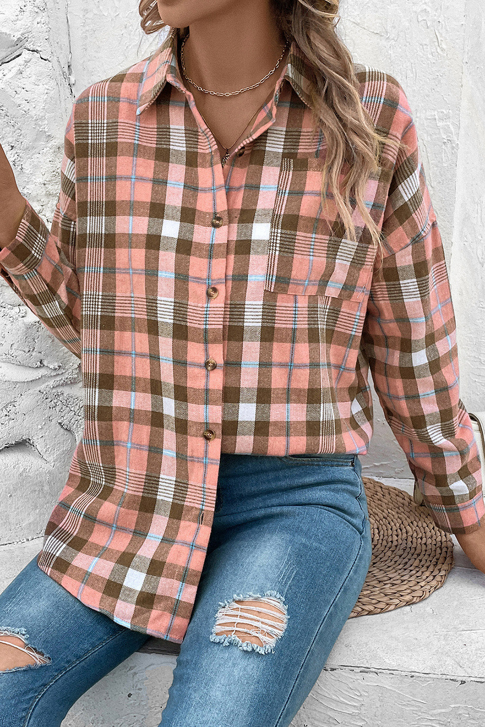 Plaid Collared Neck Long Sleeve Button-Up Shirt - AllIn Computer