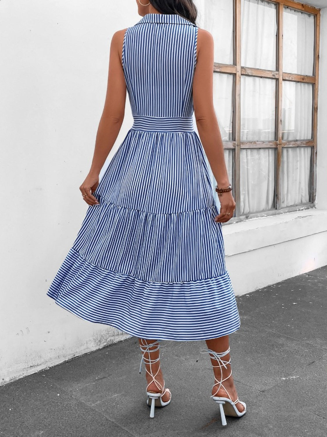 Striped Johnny Collar Sleeveless Midi Dress - AllIn Computer
