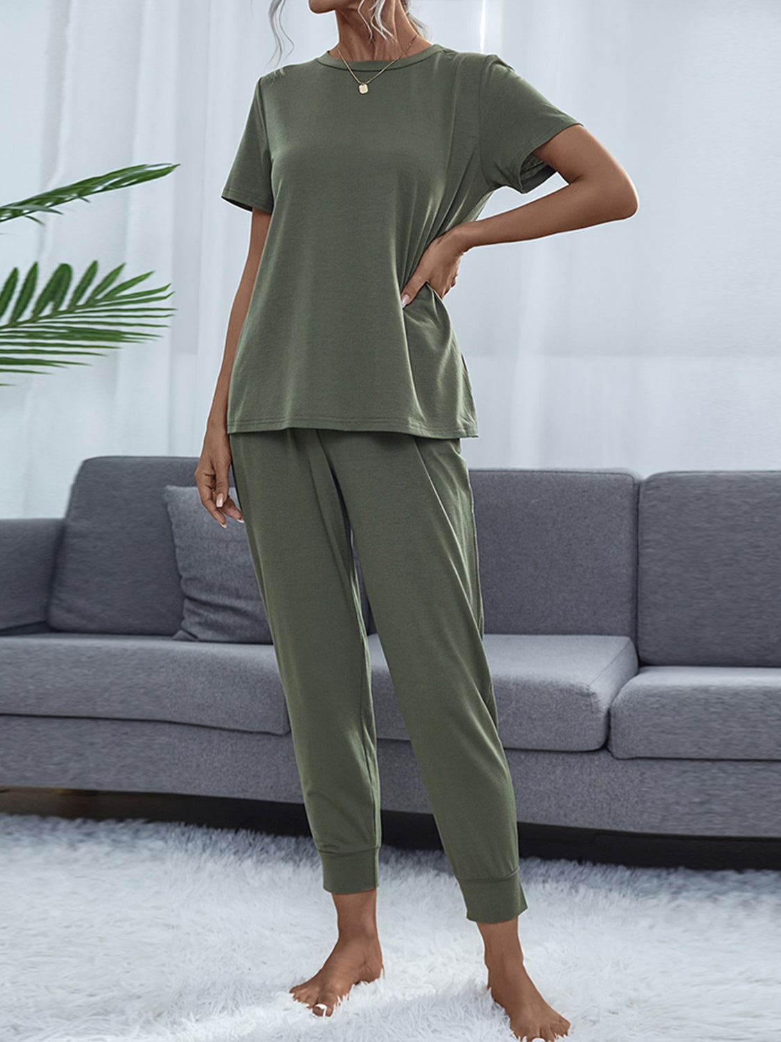 Round Neck Short Sleeve Top and Pants Set - AllIn Computer
