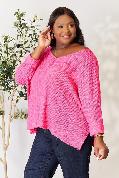 Zenana Full Size Round Neck High-Low Slit Knit Top - AllIn Computer