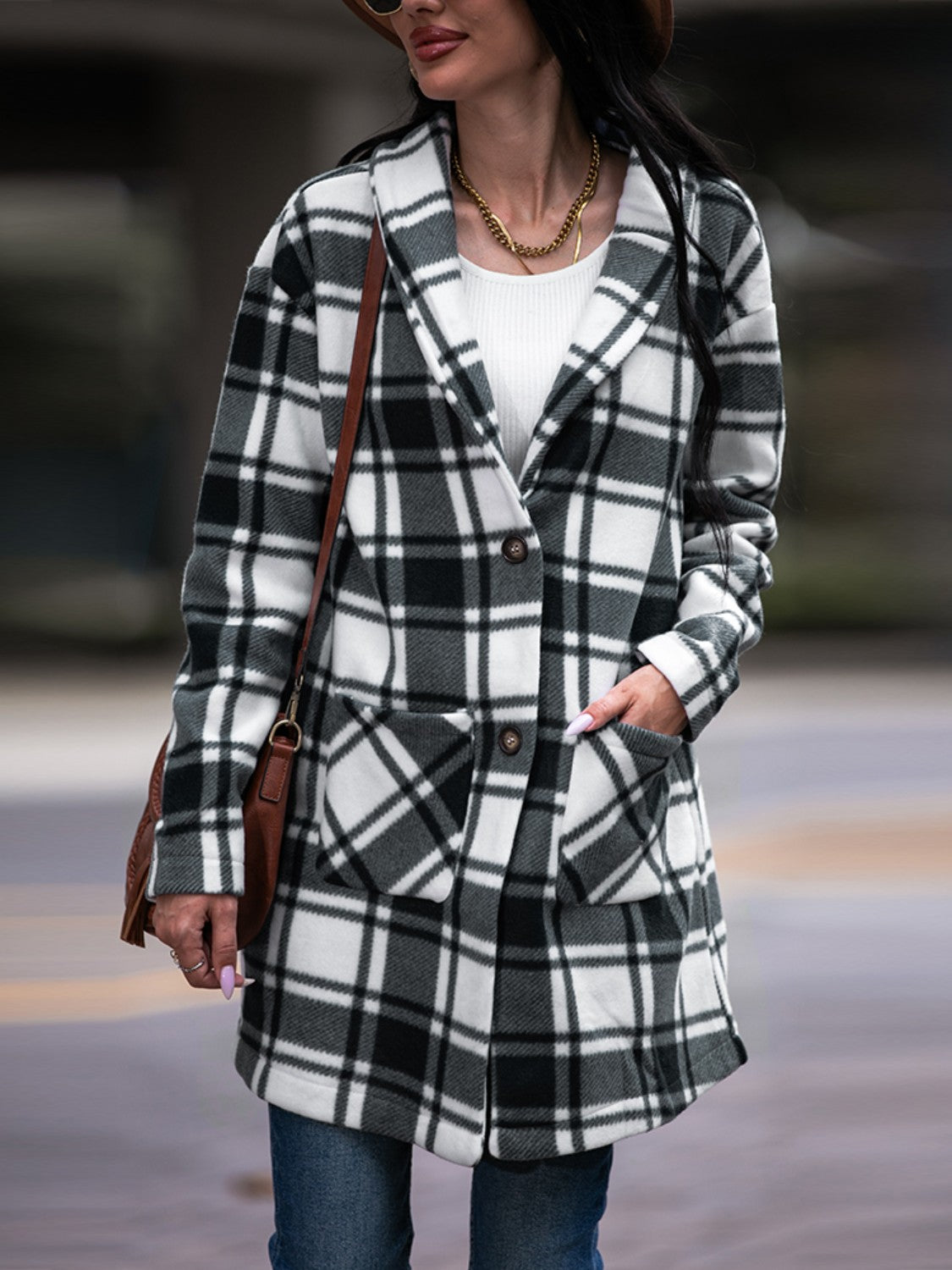 Plaid Shawl Collar Coat with Pockets - AllIn Computer