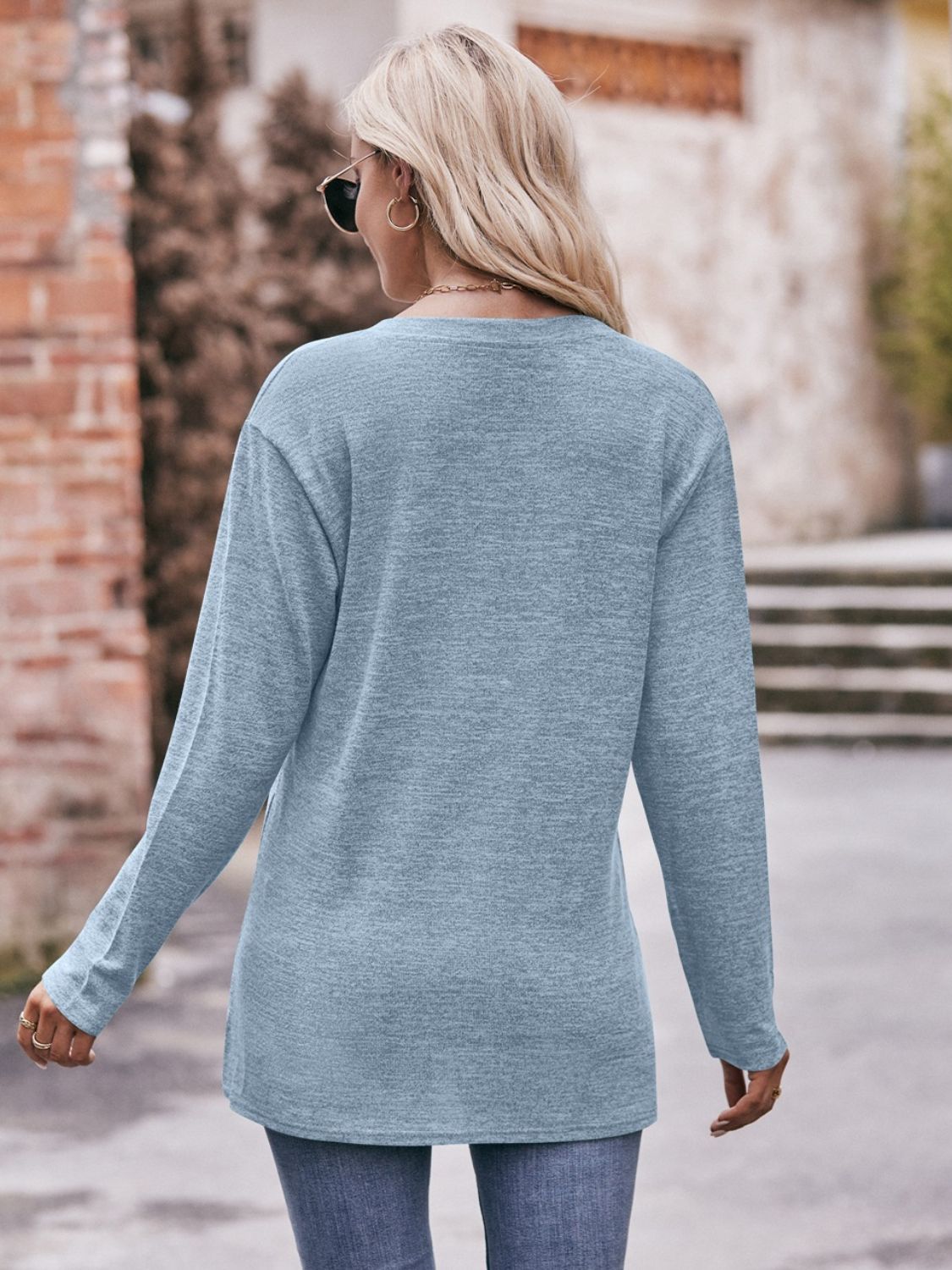 Double Take Buttoned Notched Neck Long Sleeve Top - AllIn Computer