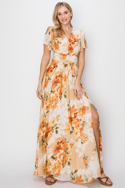 HYFVE Floral Tie Back Short Sleeve Slit Maxi Dress - AllIn Computer