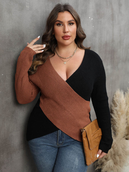 Plus Size Two-Tone Surplice Neck Sweater - AllIn Computer