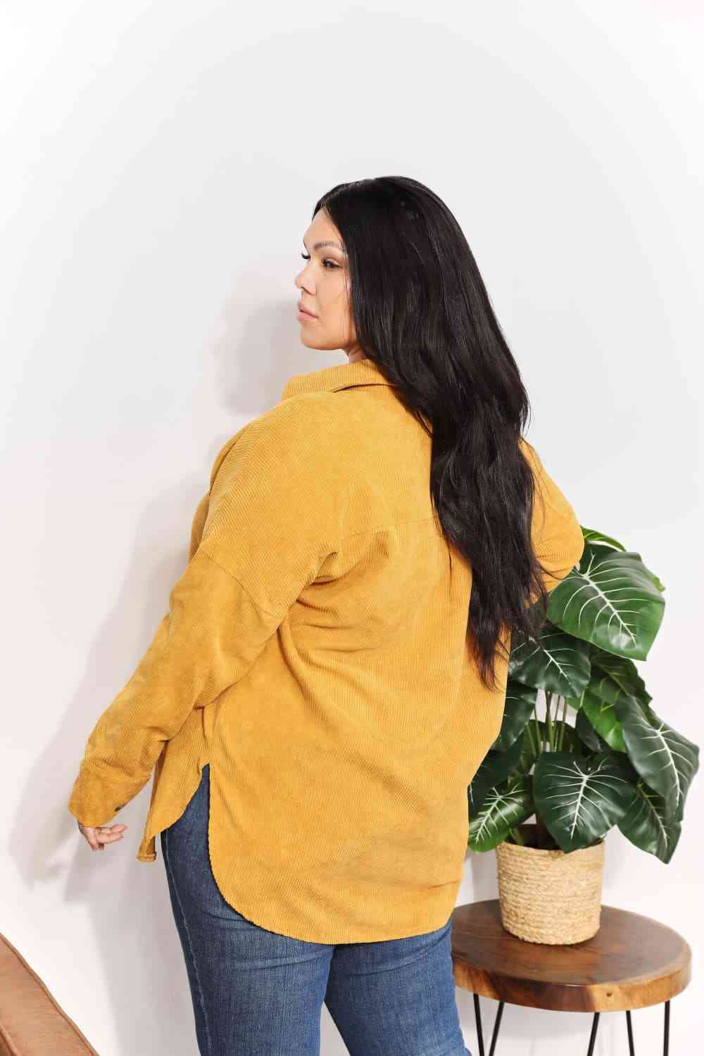 HEYSON Full Size Oversized Corduroy  Button-Down Tunic Shirt with Bust Pocket - AllIn Computer