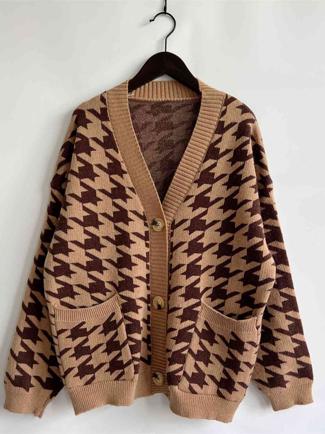 Houndstooth Botton Front  Cardigan with Pockets - AllIn Computer
