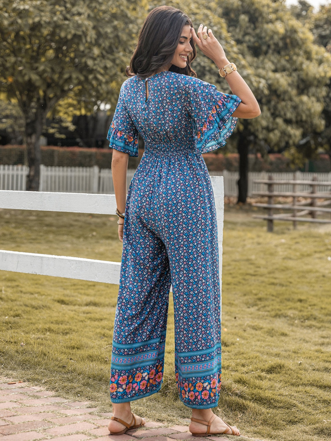 Floral Surplice Flutter Sleeve Jumpsuit - AllIn Computer
