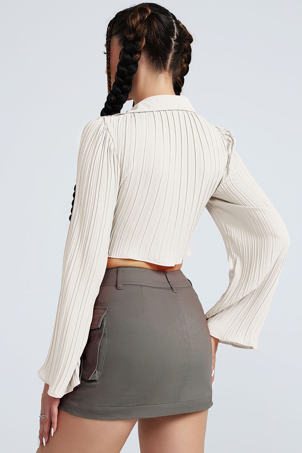 Tie Front Johnny Collar Flare Sleeve Cropped Top - AllIn Computer