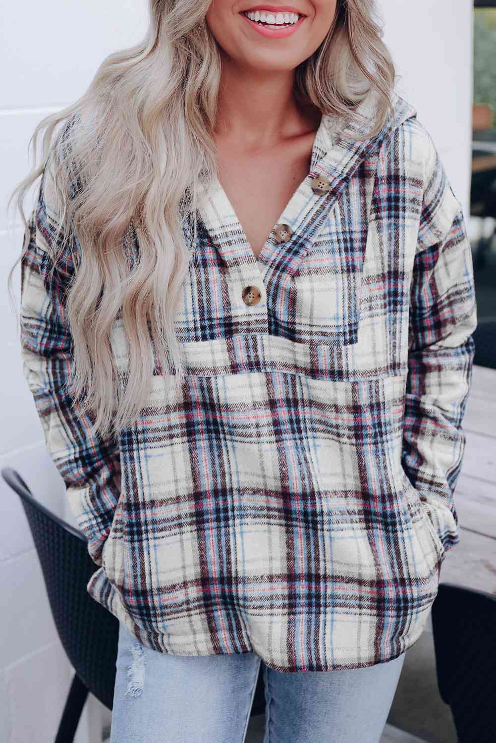 Plaid Long Sleeve Buttoned Hoodie - AllIn Computer