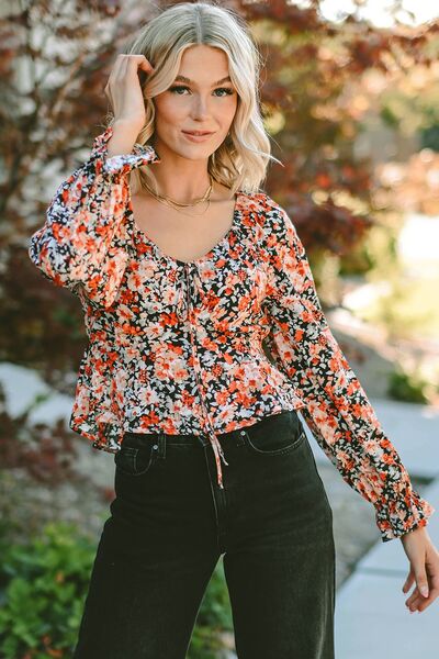 Floral Tied Flounce Sleeve Peplum Blouse - AllIn Computer