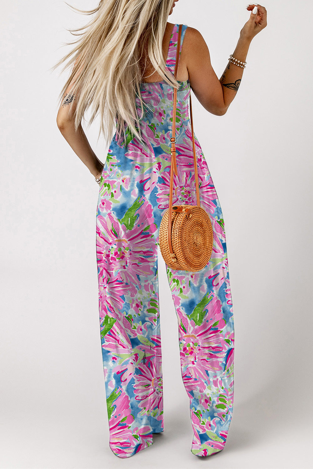 Floral Smocked Square Neck Jumpsuit with Pockets - AllIn Computer