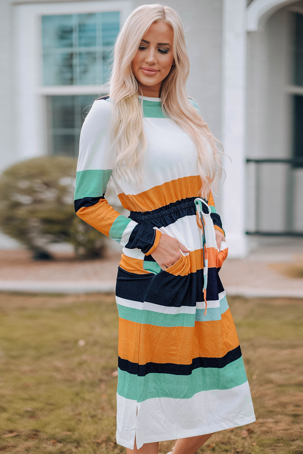Striped Drawstring Waist Side Slit Midi Dress - AllIn Computer