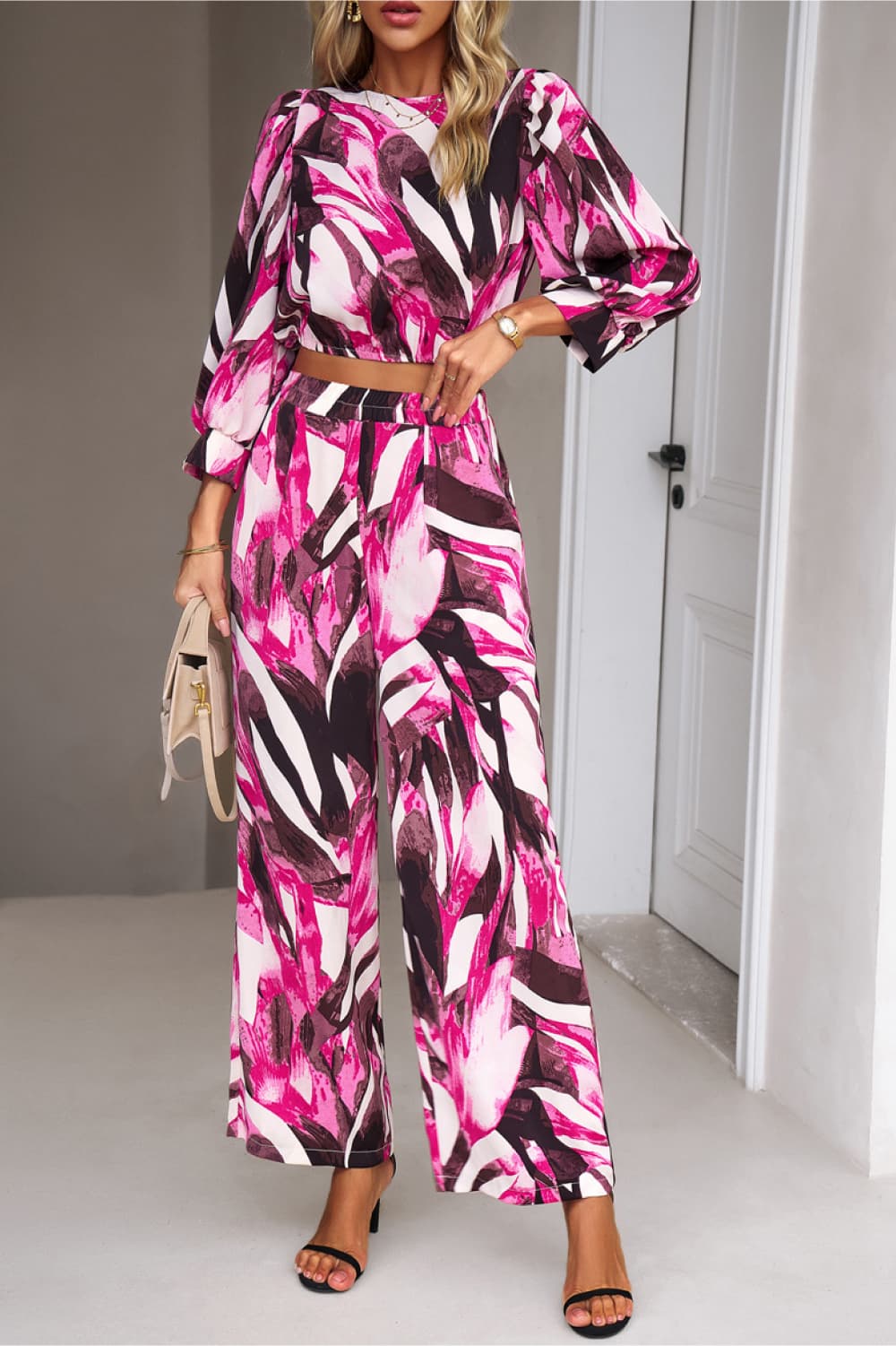 Printed Cropped Top and Pants Set - AllIn Computer