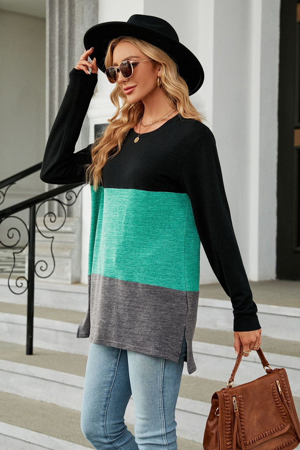 Color Block Round Neck Long Sleeve Slit T-Shirt - AllIn Computer