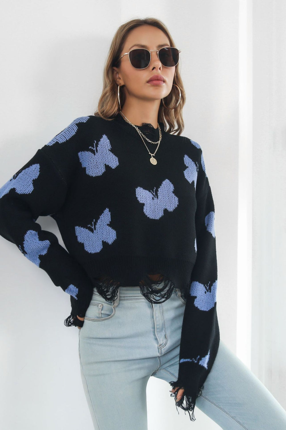 Printed Round Neck Ribbed Long Sleeve Sweater - AllIn Computer
