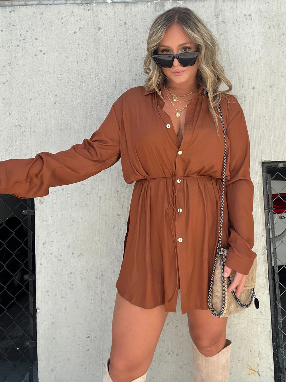 Button Up Long Sleeve Slit Shirt and Shorts Set - AllIn Computer