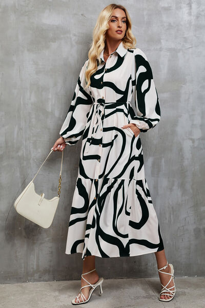 Tie-Waist Printed Button Up Dress - AllIn Computer