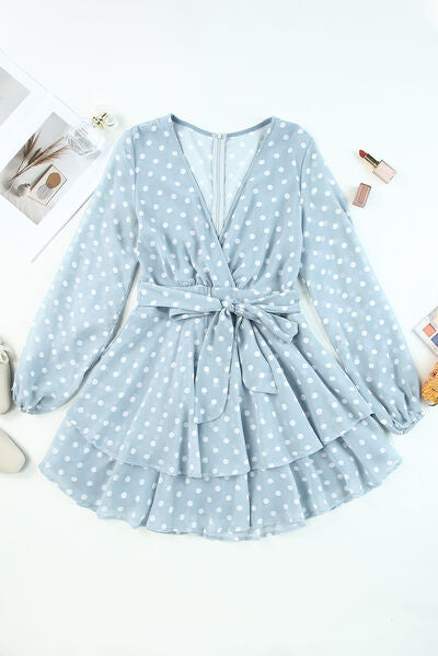 Tied Layered Polka Dot Balloon Sleeve Dress - AllIn Computer