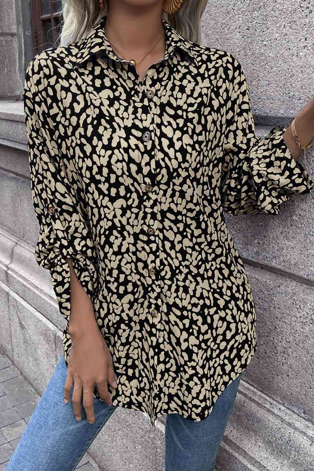 Double Take Leopard Roll-Tap Sleeve Shirt - AllIn Computer