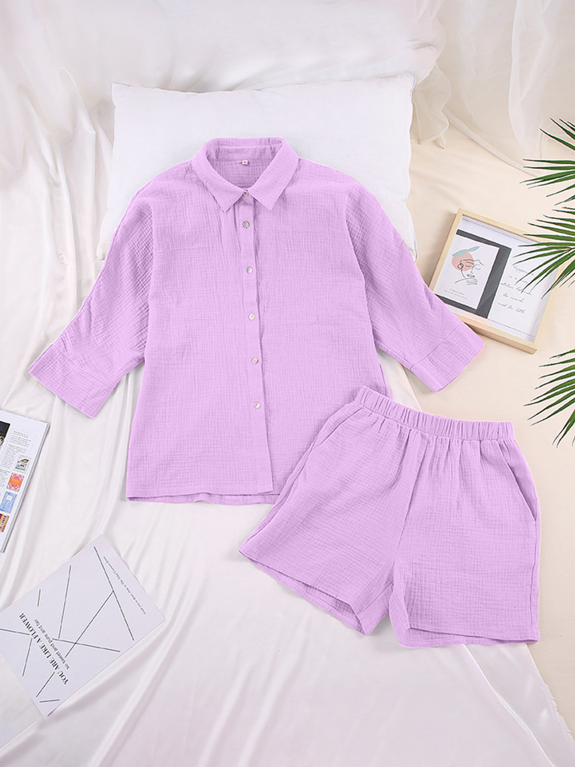 Texture Button Up Shirt and Shorts Set - AllIn Computer