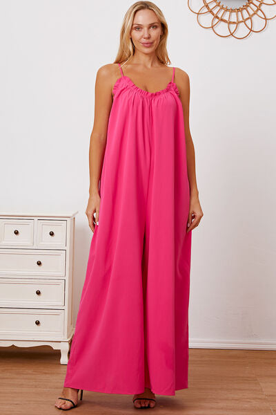 Full Size Ruffle Trim Tie Back Cami Jumpsuit with Pockets - AllIn Computer