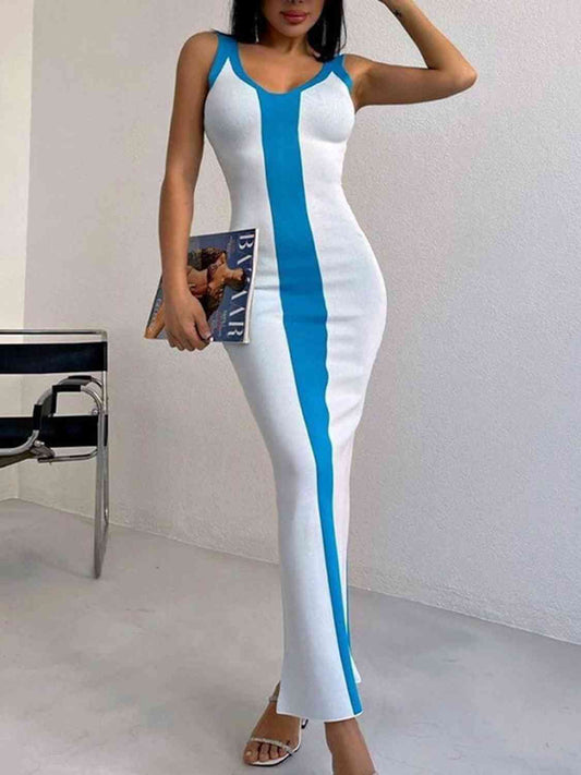 Contrast Wide Strap Slit Midi Dress - AllIn Computer