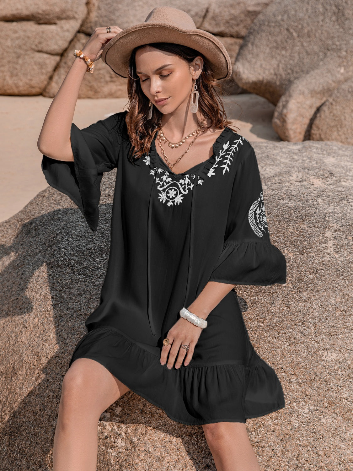 Printed Tie Neck Flounce Sleeve Mini Dress - AllIn Computer