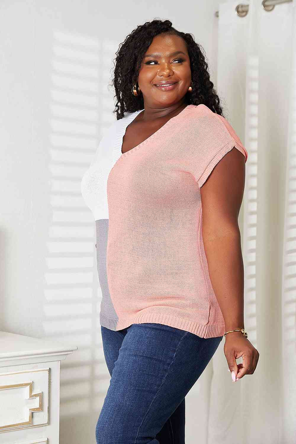 Double Take Color Block V-Neck Knit Top - AllIn Computer