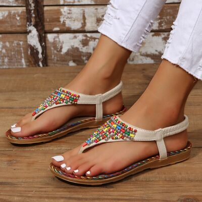 Beaded PU Leather Open Toe Sandals - AllIn Computer