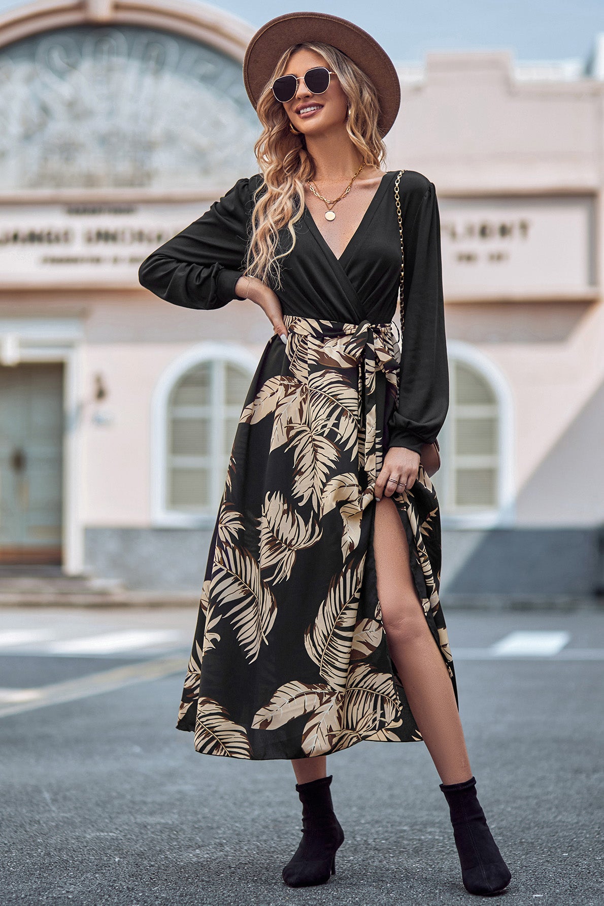Printed Tie Waist Long Sleeve Dress - AllIn Computer