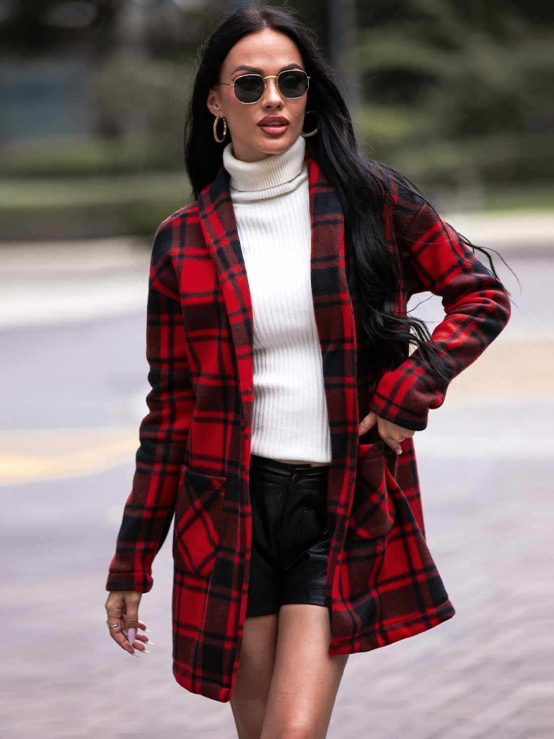 Plaid Shawl Collar Coat with Pockets - AllIn Computer