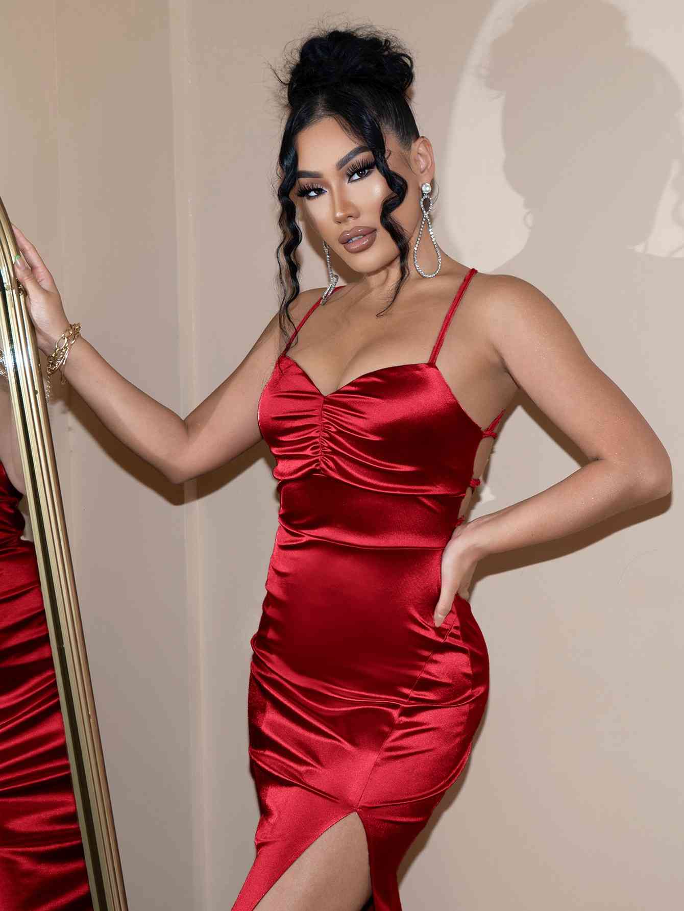 Backless Crisscross Ruched Split Satin Dress - AllIn Computer