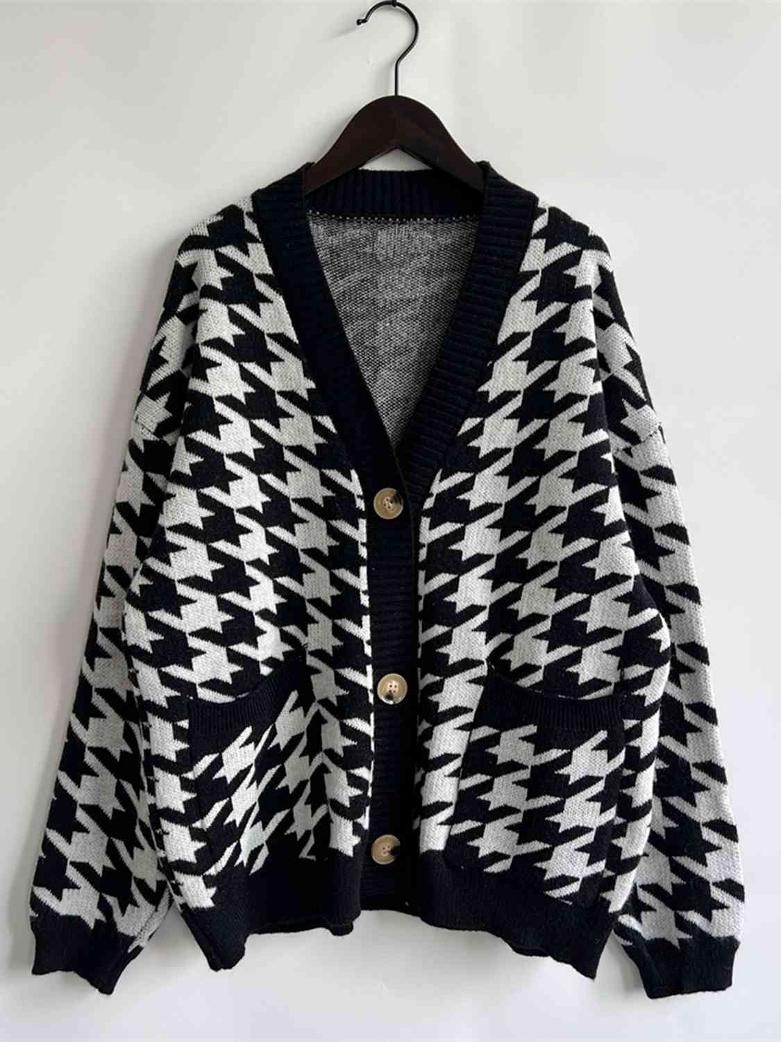 Houndstooth Botton Front  Cardigan with Pockets - AllIn Computer