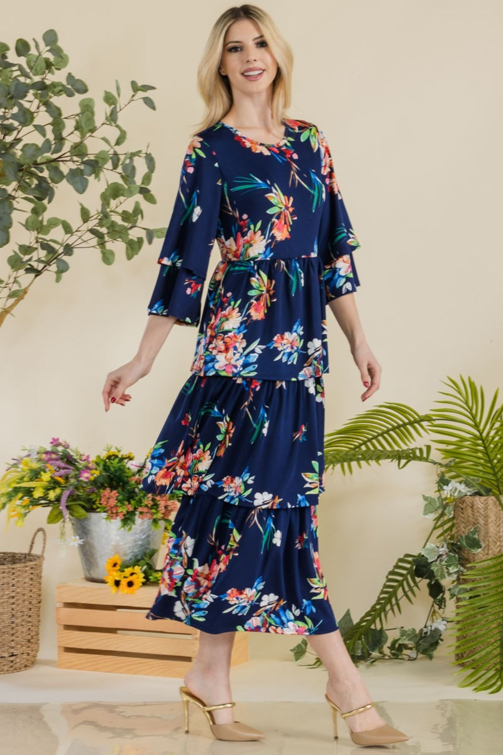 Celeste Full Size Floral Ruffle Tiered Midi Dress - AllIn Computer