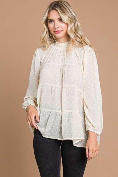 Culture Code Full Size Swiss Dot Smocked Mock Neck Blouse - AllIn Computer