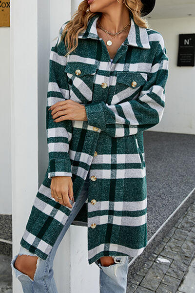 Plaid Button Up Collared Neck Coat with Pockets - AllIn Computer