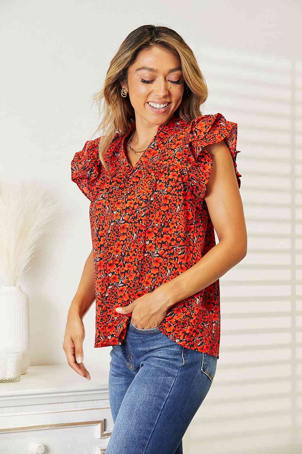 Double Take Floral Flutter Sleeve Notched Neck Blouse - AllIn Computer