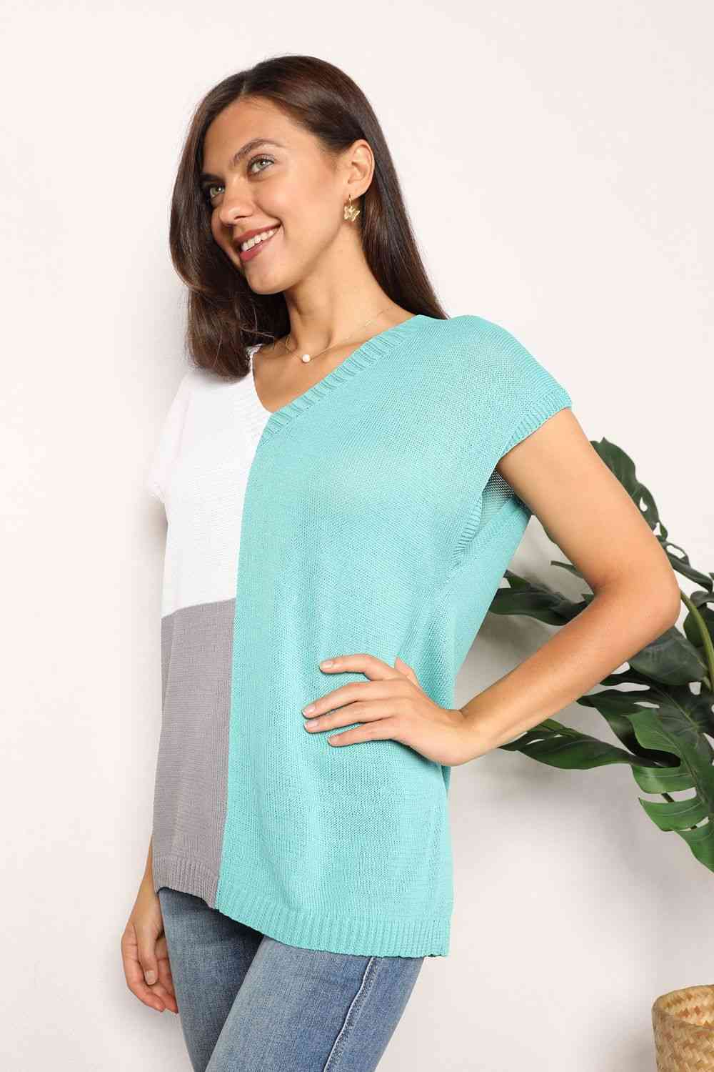 Double Take Color Block V-Neck Knit Top - AllIn Computer