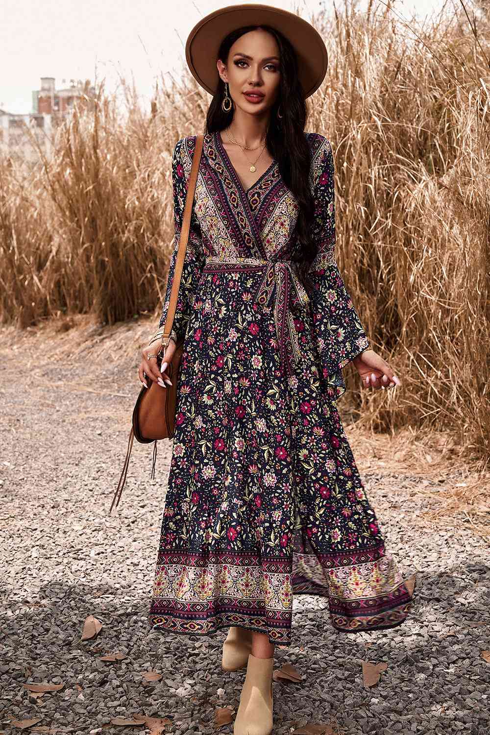Bohemian Surplice Neck Slit Dress - AllIn Computer