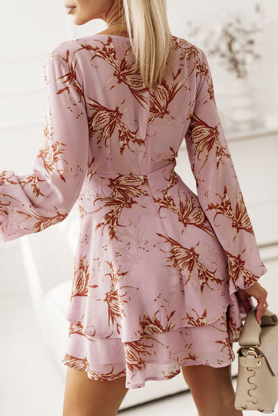 Printed Surplice Balloon Sleeve Mini Dress - AllIn Computer