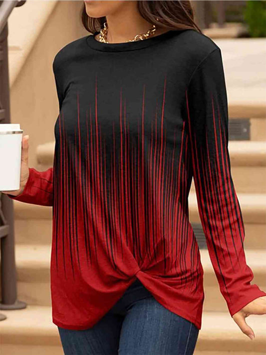 Contrast Twisted Round Neck Long Sleeve T-Shirt - AllIn Computer