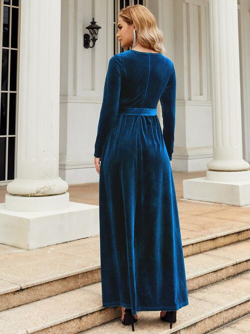 Tie Front Round Neck Long Sleeve Maxi Dress - AllIn Computer