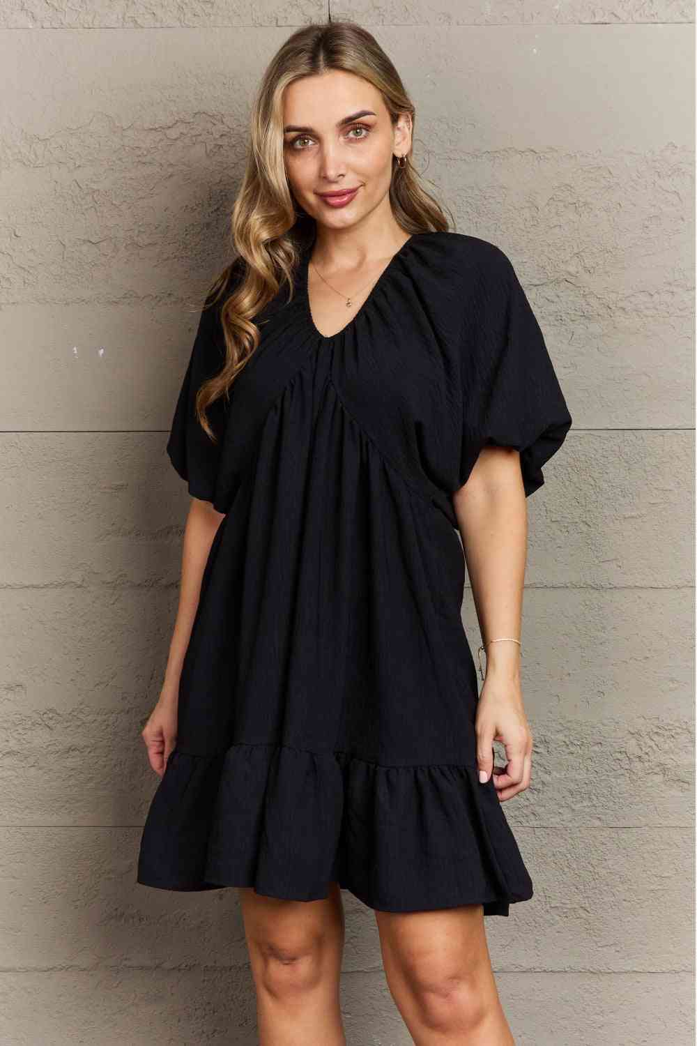 Hailey & Co Comfort Cutie Double V-Neck Puff Sleeve Mini Dress - AllIn Computer