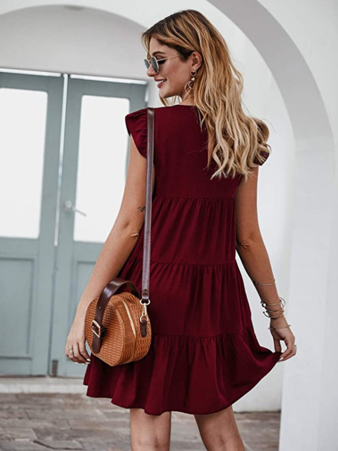 Ruffled Round Neck Cap Sleeve Mini Dress - AllIn Computer