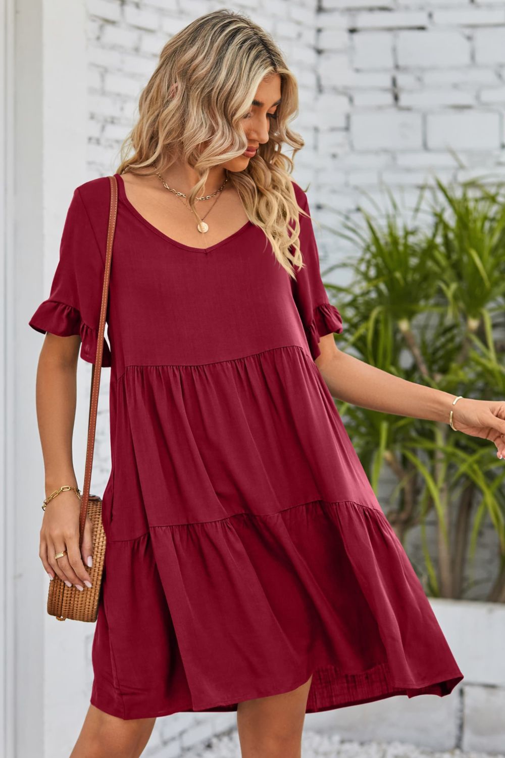 V-Neck Flounce Sleeve Tiered Dress - AllIn Computer