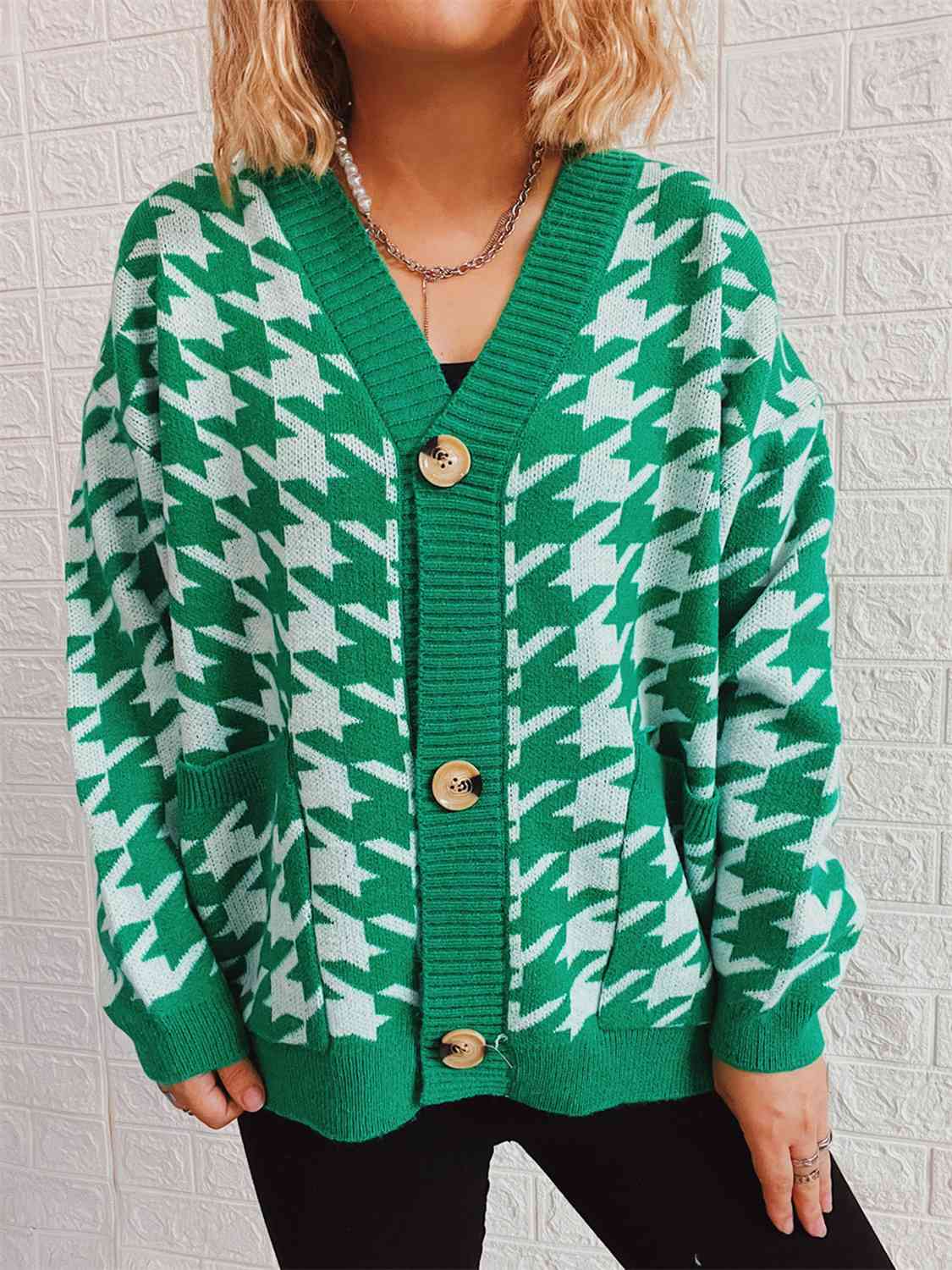 Houndstooth Botton Front  Cardigan with Pockets - AllIn Computer